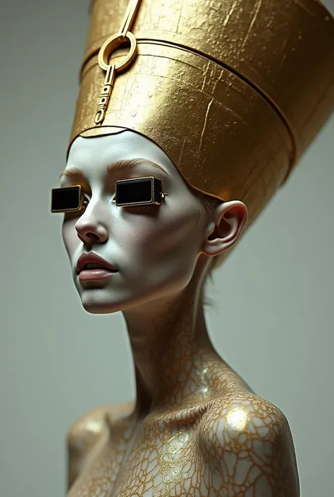 ORGANICALLY BEAUTIFUL ANTHROPOMORPHIC WOMAN, ANATOMICALLY HUMAN, transparent skin made of hard elastic silicone, eyeballs consist of hundreds of LCD monitors, on her head golden headdress of the ancient Egyptian Queen Nefertiti.