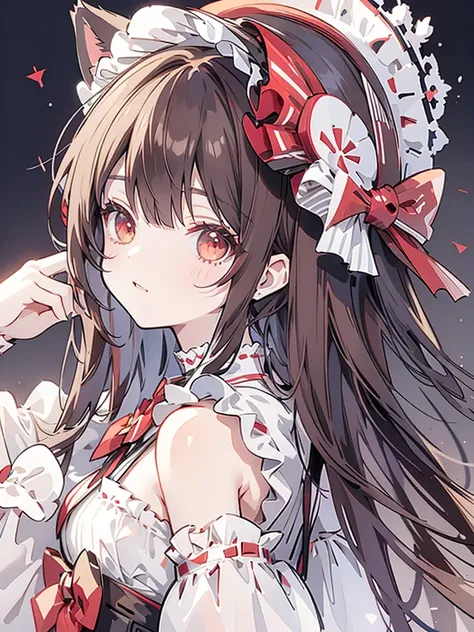 Goth、Red and white maid outfit、Brown Hair、Cat ears、cute、girl、Red Hat