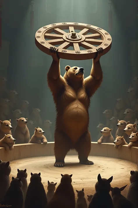 A bear lifting a wood wheel in ring stage some animals look it 