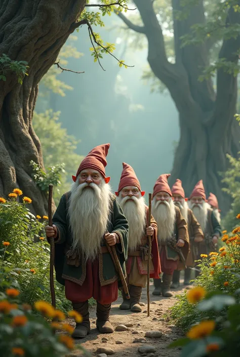 6 alive gnomes with white beards walking in a line following each other on an epic adventure going through a fantastic forest