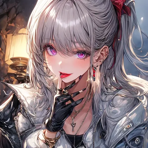 1girl, lexaiduer, bangs, black gloves, black necklace, collarbone, earrings, finger to mouth, fingerless gloves, gray hair, raised index finger, jacket, jewelry, red lips, lipstick, long hair, looks at the viewer, makeup, nail polish, parted lips, ponytail...