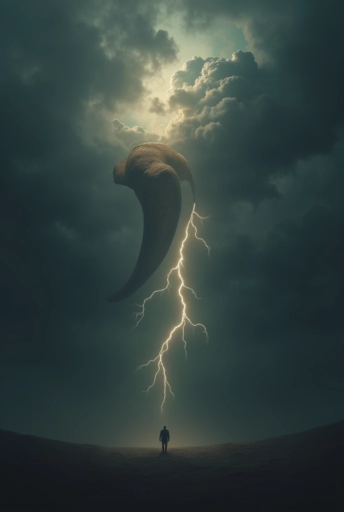 A dark sky with heavy clouds, and in the center, a giant shofar suspended in the air. Lightning-like light radiates from the shofar, piercing through the darkness, symbolizing the cry of the soul breaking through the silence of indifference.