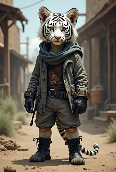 I would like a male white tiger cub that is bipedal, wearing black boots and gray gang-style clothing. He has a thin tail.I would like it to be in a mature style, with the art in a fantasy and RPG style set in the Old West.