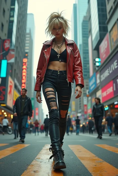 the heroine of the youth series, dressed in punk style, Shes walking down the street of a big city, random angle, depth of focus, high quality details, high speed photography, surrealistic, high resolution camera, 16K, 72 mm, 4D. 