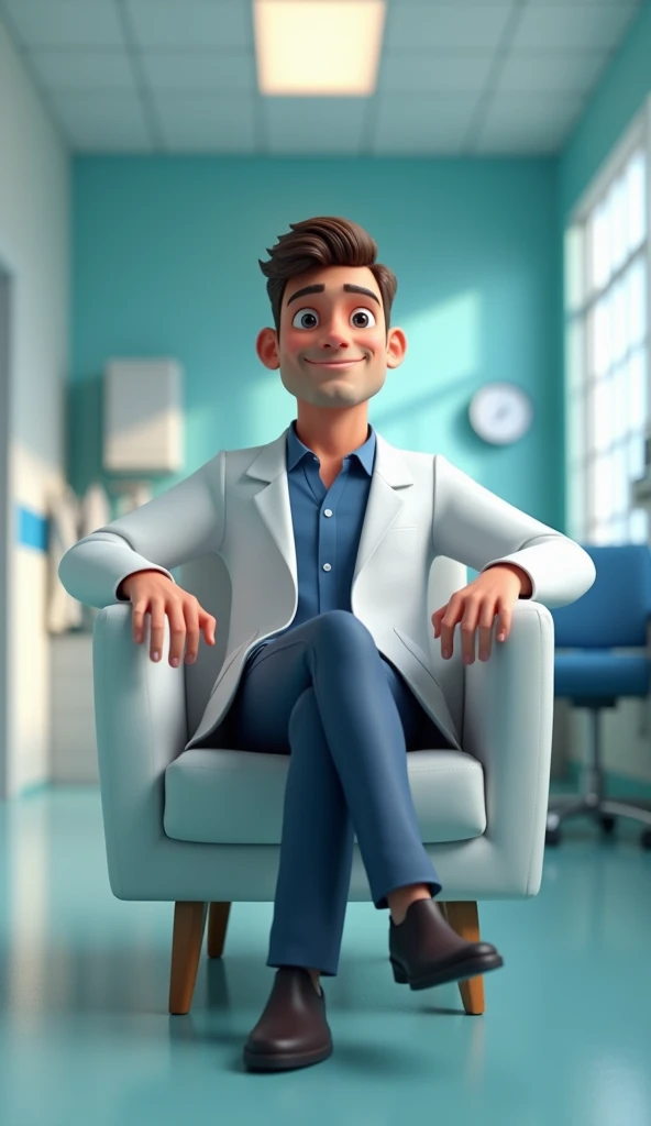 A doctor man sitting in the chair in the hospital 3D animation, wear attractive clothes, smiling good figure,