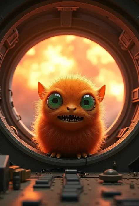 Create the image of a small monster inside a space rocket fleeing from its planet because a huge explosion occurred.. (The little monster is hairy, orange-colored, with big green eyes, and small teeth)