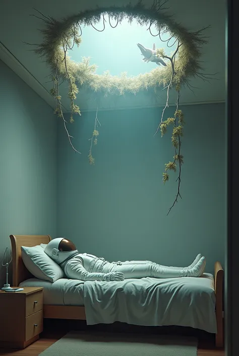 A cosmonaut in a room lying on his bed and on the ceiling an opening onto another world with an animal and the branches of a tree coming out of the ceiling 