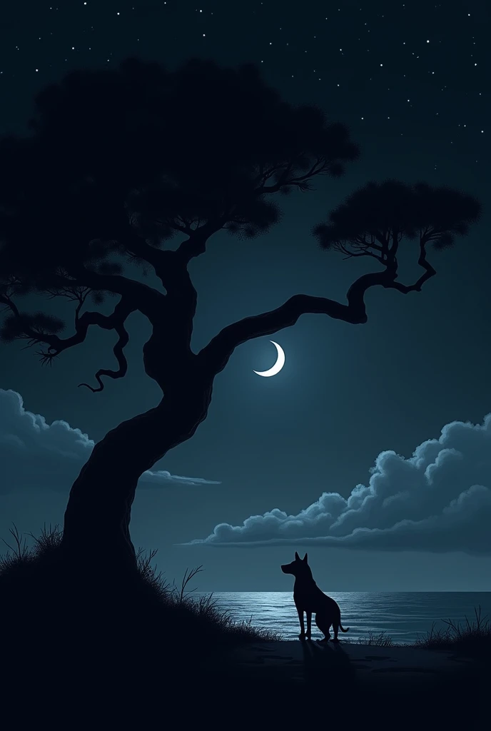 Sea with moon and dark sky black tree and a dog