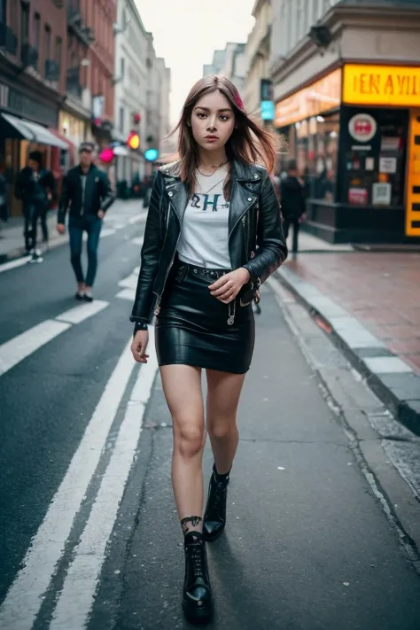 the heroine of the youth series, dressed in punk style, Shes walking down the street of a big city, random angle, depth of focus, high quality details, high speed photography, surrealistic, high resolution camera, 16K, 72 mm, 4D. 