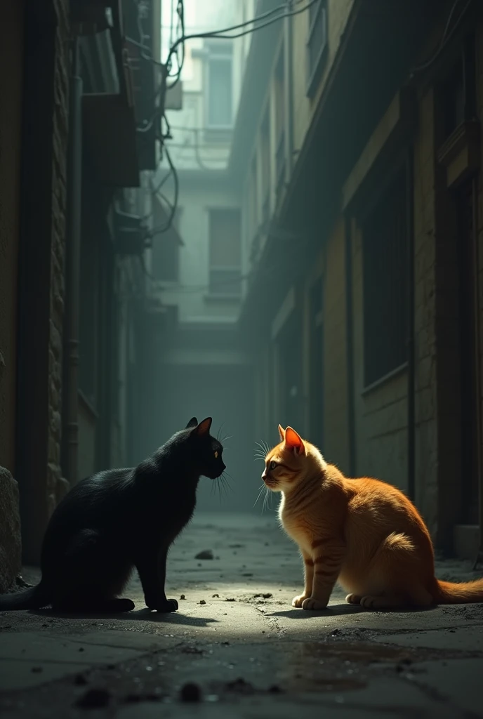 Two cats, one sleek black and the other a large orange tabby, standing across from each other in a dimly lit alleyway, with shadows falling over them. Their tails are stiff, and their eyes are locked in a tense stare.