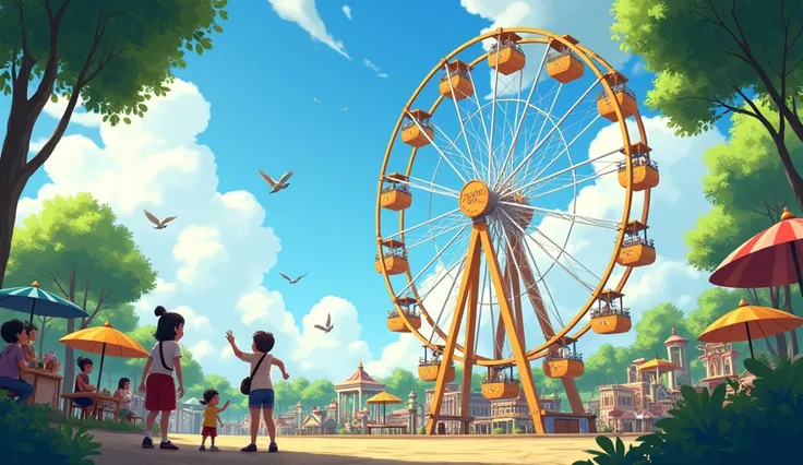 Ferris wheel’s like a giant ring,
Taking us up where the birdies sing!
Kids poem a day at the theme park 