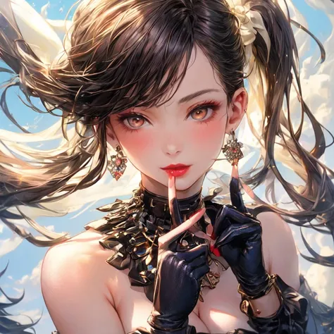 The girl in the photo has long hair pulled into a ponytail. She is wearing black gloves, a black necklace, earrings, and lipstick. Her hair is gray and she has bangs. She is looking at the viewer and her index finger is raised.

The makeup she wears is rea...