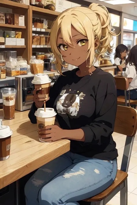 1 female, yellow hair, afro hair, dread hair, afro girl hair, afro, yellow eyes, darker skin, black skin, brown skin, huge breast, black jacket, white-t shirt, blue jean, long jean, ripped jean, coffee clothes, worker clothes, coffee place, coffee shop, in...