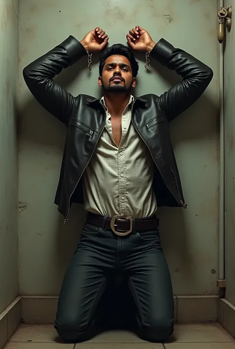 Side view of  a handsome  rowdy looking Young Sri lankan man wearing long sleev slim fit light check check  shirts with black dennim trousers  and large square buckle leather jacket large circular shape buckle black belt kneeling against the wall with his ...