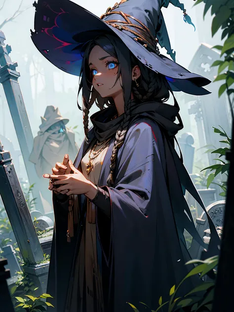 Female, dark skin, dreadlocks, wearing a tattered cloak, witch, chanting a protection spell in the center of an overgrown graveyard, her eyes glowing with power.