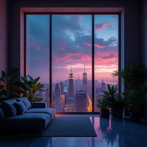 Architectural Design, Indoor, Window, Bed, Night, Plants, Buildings, Landscape, Sofa, City, Lights, City Landscape, Skyscraper, City Lights, Sky, Skyline.
﻿
Beautiful cinematic lighting, surreal, color graded, dynamic movement, captivating chiaroscuro, ful...