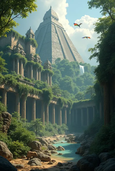 Make a ancient buildings in the  jungle with animals inside and also flying dinosaurs inside and flowing water inside  and  with pyramid and make it wast like civilisation 