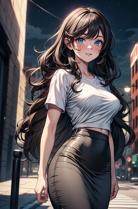 ((((masterpiece, best quality, high detail)))), beautiful woman facing forward, bright blue eyes, shy, full-face blush, smile, solo focus,, long ((wavy hair)), ((dark brown hair)), hairpin, ((white button t-shirt)), ((gray midi pencil ((skirt)))), (((long ...