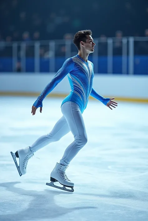 Ice Skating Outfit,man on an ice skating rink wearing a blue and white top with shiny details and white pants