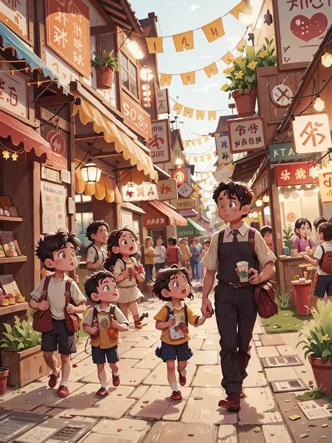 a kindergarten teacher is walking with her two male and female students. the lively atmosphere of the city festival, there are t...