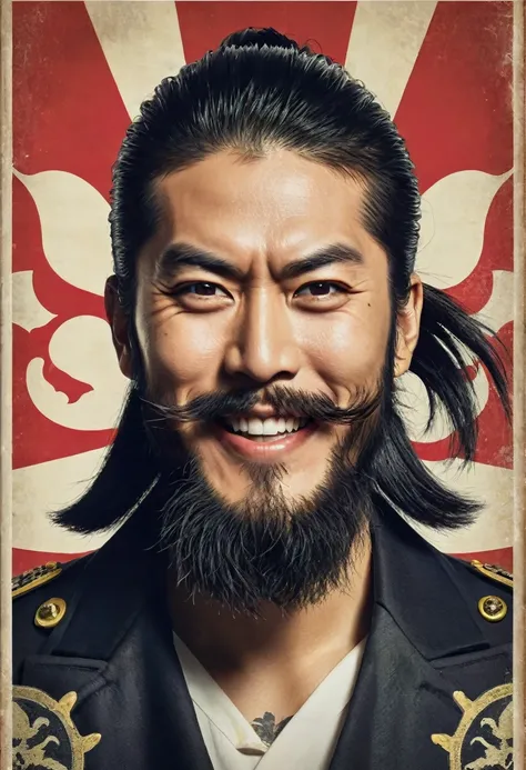 Black Hair, Two Side Up, Straight Hair, beard, smug face, Crazy Eyes, smile, Intimidating, Illustration effect for posters and magazines, One-eye eye mask, american style propaganda poster, Yakuza　pirate captain
