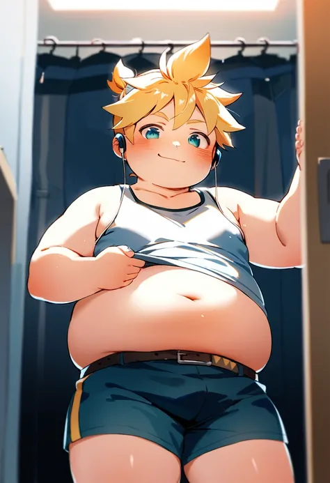 1 boy, (fat male child), (Kagamine Len), (cute), obese, chubby cheek, fat rolls, tank top, earphone, (chubby), (plump), (belly significantly hang over the waistband), standing in a changing room, (full blushed), belly exposed, showing off his belly, smirk