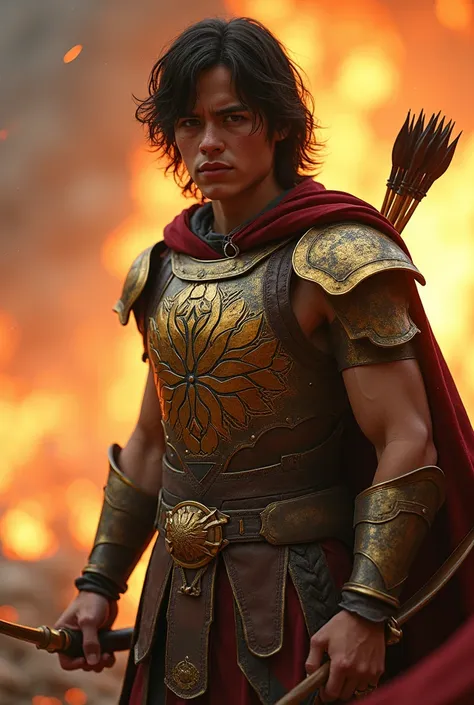 featuring a Young warrior in a mythological setting. The man with medium long, dark hair wearing ornate golden armor with intricate designs.including a sun emblem on his chest plate, He has a glowing carries a bow and a quiver of arrows on his back. The ba...