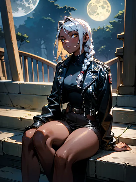 Female, dark skin, silver braids, wearing a leather jacket, werewolf, sitting on the steps of a run-down diner, the full moon overhead, waiting for her transformation.