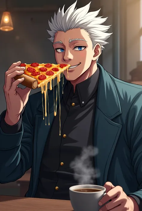 Satoru Gojo eating pizza and coffee

