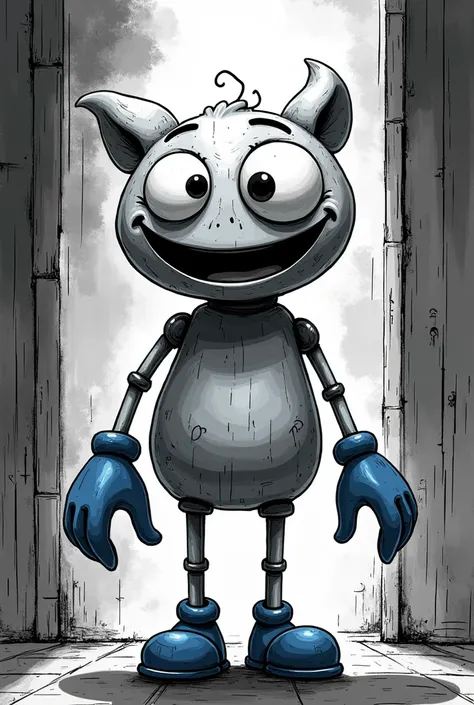 Monochrome Manga art style, vivid depiction of Toy Chica, her quirky personality encapsulated in exaggerated, expressive features, striking black outlines framing her playful visage, blue gloves color replaced with subtle grayscale tones, adding a unique t...