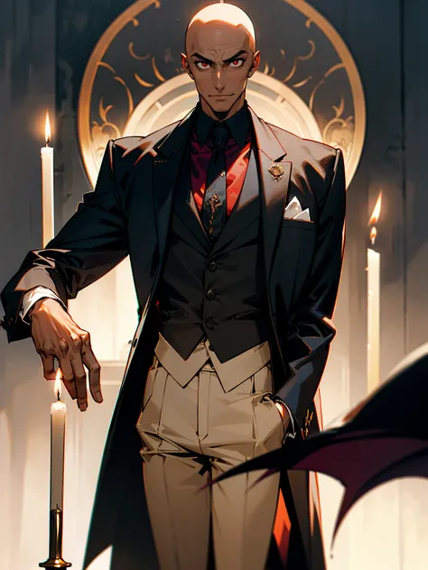 Male, dark skin, bald, wearing a business suit, human, negotiating with a vampire in a lavish, candlelit mansion, aware that his life is at stake.