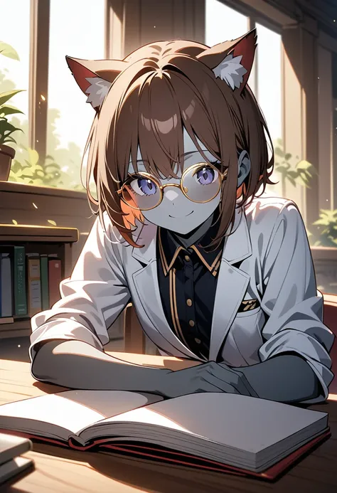 score up_9,score up_8,score up_7,source_anime,rating_safety,masterpiece,best quality,super fine illustration,hyper detailed,8k,front view,BREAK 1girl,20yo,cat ears,(grey skin:1.3),Brown Hair,short hair,flat chest,(roundglass:1.5),smile,BREAK white school u...