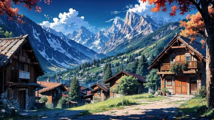 Autumn scenery、Village in the Alps