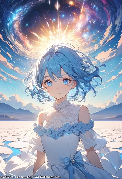 Absurd, High resolution, (Official Art, beautifully、aesthetic:1.2), (Shortsighted:1.15), (One girl, Blue Hair, Medium Hair, blue eyes, Bright Eyes, Long white dress, Blue frills,:1.2) blue sky, Sparkling Galaxy, (Uyuni Salt Flats:1.2), (Fractal Art:0.8), W...