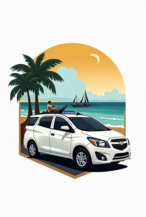 Logo of a coat of arms WhatsApp group for taxi drivers from FORTALEZA - CEARÁ, white taxi Chevrolet Spin Active 7 2024 in profile background of Fortaleza beach image of rafts of Mucuripe sails
