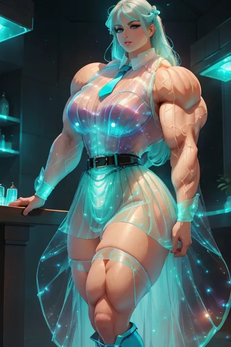 (((Close-up))), tall, (cyan hair) beautiful muscular woman, long beachy hair, pale white skinned, closed smile, large breast, (black lipstick), (massive muscles), ((hyper muscle)), (((ginormous bulky muscles))), purple eyes, (((cyan sleeveless Bioluminesce...