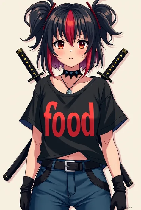 Anime girl with dark skin, black hair with a two-monkey hairstyle and a red lock, a calm and cute face and a black shirt with red letters that says slipknot, a black collay with stars and strong blue pants with black and two katanas on the back