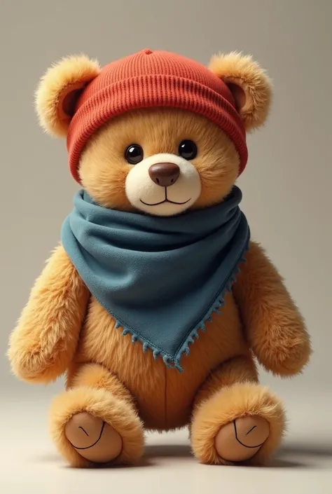 A teddy bear with a durag on his head 