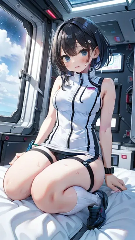 (Best Quality), (masterpiece), 1080P, High resolution, 4K, 8k, Inside the space station、Futuristic room、Thigh straps, Shooting from directly below, The woman on top of me, 白いsweat, Covered , sweat, Woman looking down, Skirt swimsuit, Thigh-high socks, To a...