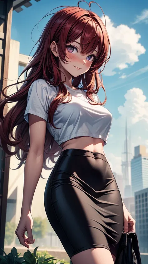 ((((masterpiece, best quality:1.3, high detail)))), beautiful woman, bright purple eyes, shy, full-face blush, seductive smile, smirk, (smug), solo focus, messy hair, ((dark red hair)), hairpin, ((white t-shirt)), (black midi pencil (skirt)), (long black s...