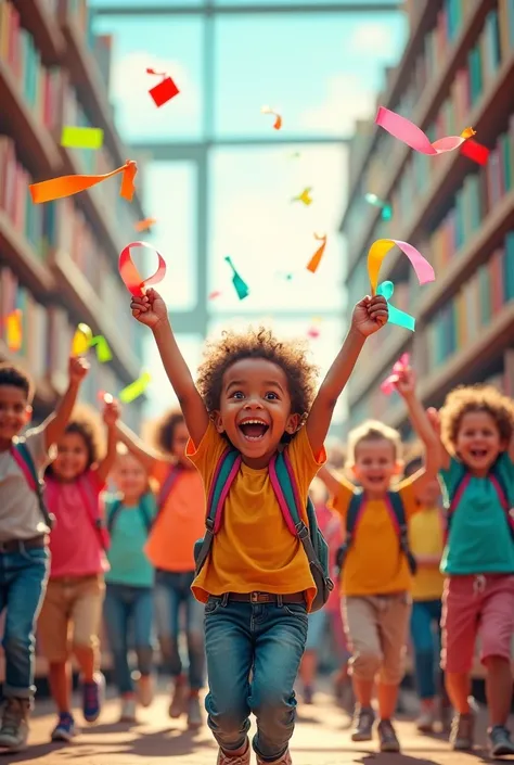 School Enrollment Campaign Children with ribbons in their hands how cool are books and books 