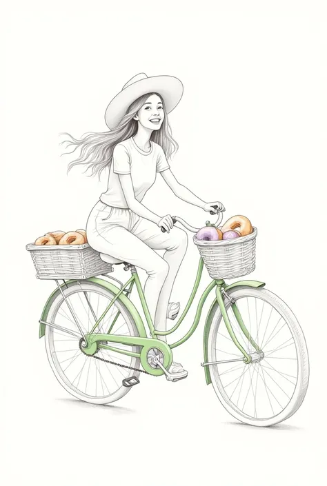 Create fine line drawing of girl in hat, long hair, happy, smiling, riding a green vintage bicycle, with basket full of donuts. image without background