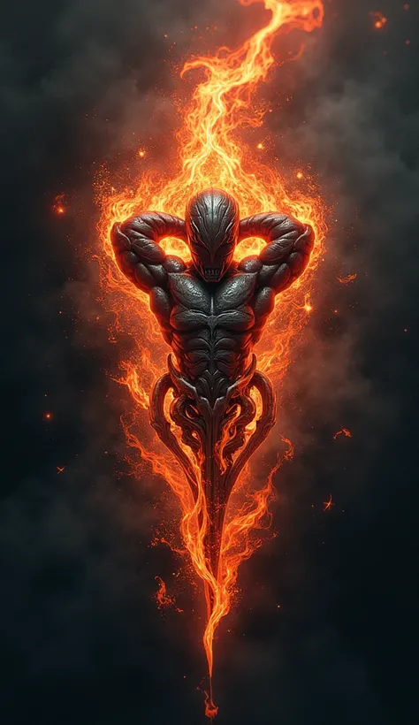 Create a supreme symbol in a tattoo style that has a slight glow that represents physical strength.. Put a dark background with ashes and burning flames. 