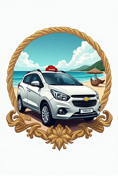 Logo of a coat of arms WhatsApp group for taxi drivers from FORTALEZA - CEARÁ, White Chevrolet Spin taxi in profile with Ceará beach background and image of the sea dragon rafts
