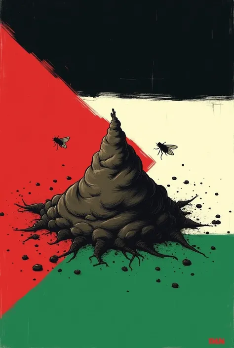 Palestinian flag with a drawing of poop with flies on it
