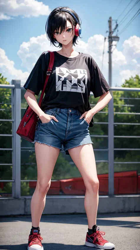 Female professional wrestler。Slender。Short black hair。Put on headphones、Baggy blue T-shirt and shorts。Black tights and big sneakers。Carrying a red bag。