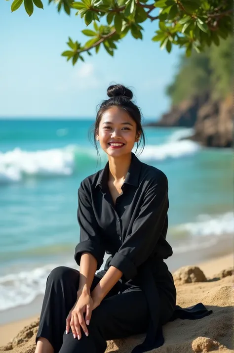 real picture of a beautiful Indonesian woman with big hair in a neat bun wearing traditional Sundanese kebaya,  Wear a black shirt, side pants  , with confidence ., bright smile, and wear minimal makeup. wearing high heels, sitting on the shore with its br...