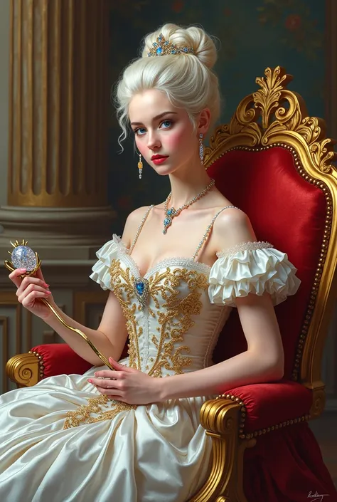 The young and beautiful Marie Antoinette。whole body。Sitting on the throne、Holding a scepter and jewel。Chateau de Versailles, American comic style