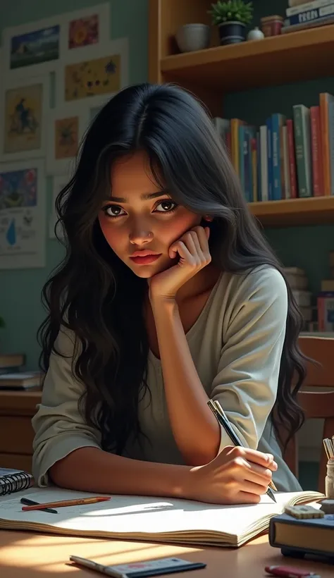 Depict a real Indian girl aged 26-30, sitting in her room surrounded by books and creative supplies, looking pensive yet engaged. She should be sad slightly as she sketches or writes, showing that even in solitude, she sad and depressed. The room can be de...