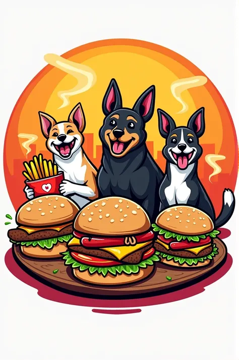 Can you create a logo for a fast food restaurant called Delicias del Perreo?, that the logo shows dogs, hamburger with fries, longaniza, arepa Burguer that everything goes inside a circle that is very striking when seeing and attracts people